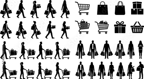 Shopping people carrying bags cart icon set.
