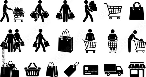 Shopping people carrying bags cart icon set.
