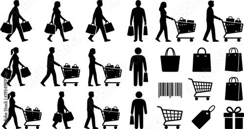 Shopping people carrying bags cart icon set.

