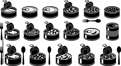 Various canned food items open and closed.
