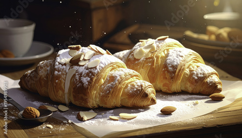 Delicious golden croissants with powdered sugar and sliced almonds on a wooden surface perfect for breakfast or a sweet treat