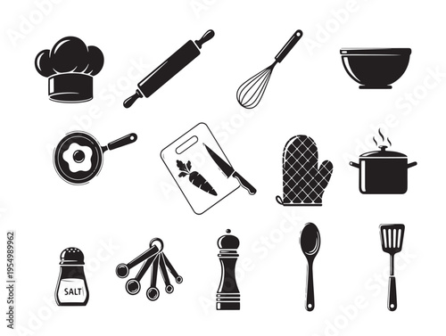 A collection of kitchen utensils and chef tools