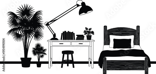 Modern cozy bedroom interior with wooden bed, desk, plants, lamp, and minimalist home decor vector illustration