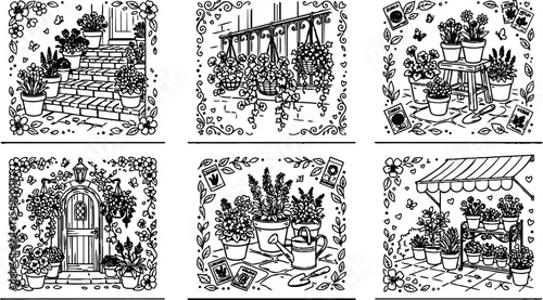 Black line art garden themed vector images featuring potted plants stairs door hanging flowers with seeds packets and gardening tools in decorative frames