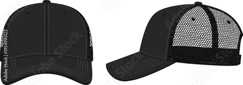 Black Trucker Cap Vector Template Mockup with Mesh Back and Adjustable Snapback Design Front and Side View for Apparel Fashion Technical Illustration