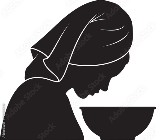 Woman Wearing Headscarf Steaming Face Over Bowl