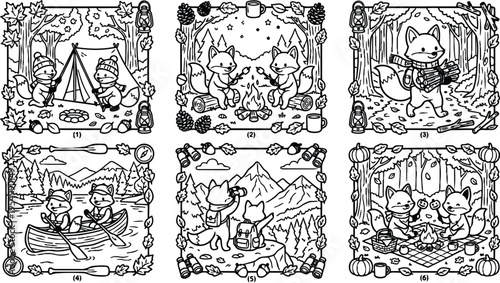 Black and white line art foxes camping roasting marshmallows gathering wood paddling canoe mountain hiking with binoculars autumn forest scene vector illustration