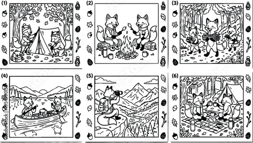 Detailed black and white vector art of foxes camping cooking fishing hiking and picnicking in forest scenes with nature elements and autumn motifs