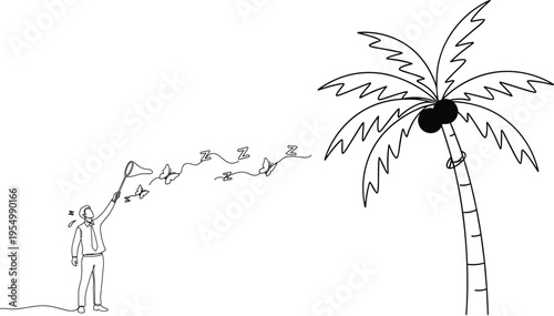 Surreal black and white vector illustration of sleepy person catching dream symbols with butterfly net under palm tree