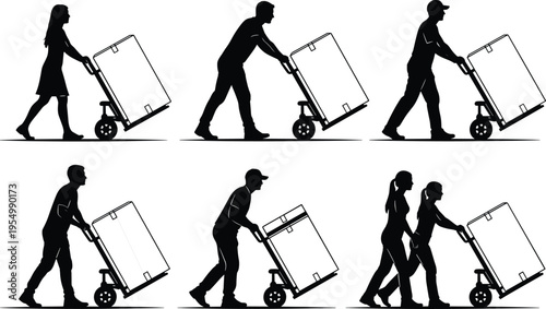 Delivery Person Silhouette Set and Logistics Worker Pushing Hand Truck with Cargo Box Vector Illustration for Shipping Service Industry Isolated on White