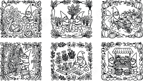 Black and white line art garden gnomes harvesting vegetables tending plants climbing ladder with green beans organizing seeds and selling fresh produce in market stall