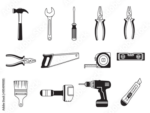 A collection of various hand tools for construction and repair