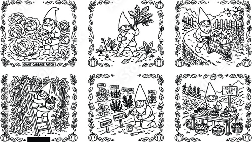 Hand drawn garden gnome watering giant cabbage climbing runner beans harvesting carrots painting herb garden selling fresh vegetables in countryside vector line art collection