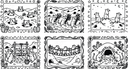 Black and white line art of playful little desert mice in various scenes including digging holes collecting plants crossing rope bridge and sitting under moonlight in nature