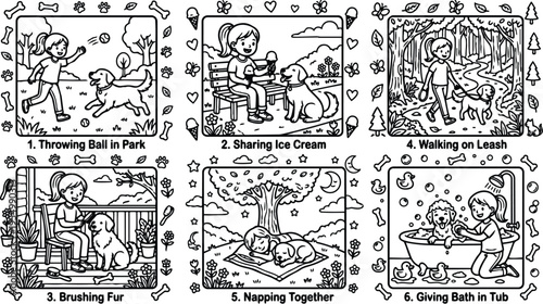 Black and white line art vector collection of girl playing throwing ball sharing ice cream brushing dogs fur walking on leash napping together and giving bath in tub simple outline style
