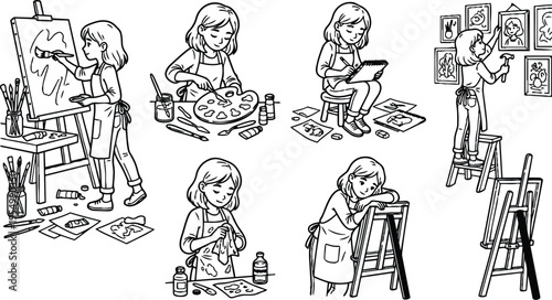 Line art vector illustrations of a young girl engaged in multiple artistic activities including painting sketching cleaning canvas and hanging framed artworks in a creative studio environment
