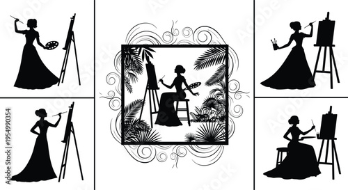 Female Artist Silhouette Collection Painting on Canvas with Easel and Palette in Garden Setting for Creative Fine Art and Hobbyist Vector Illustration