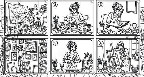 Black and white line art sequence showing woman painting drawing preparing art supplies and resting in sunny creative studio with window and easel detailed vector illustration