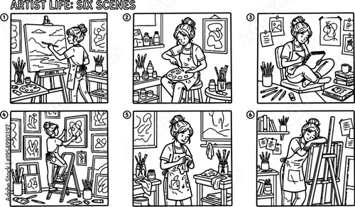 Black and white line art vector showing six scenes of a female artist painting drawing and cleaning in creative studio with art supplies and relaxed mood