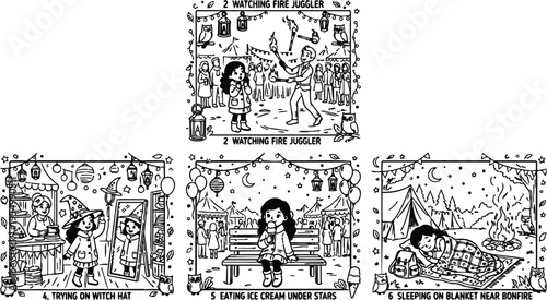 Black and white line art scenes of young girl buying candy watching fire juggler holding paper lantern trying on witch hat eating ice cream under stars and sleeping near bonfire illustration