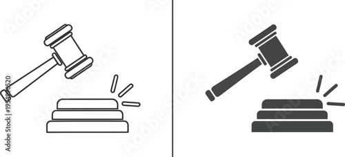 Gavel and sound block icons are displayed in both outline and solid monochrome styles for legal concepts.