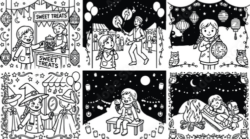 Black and white vector art of children enjoying autumn night festival eating ice cream holding lanterns watching fire juggler near bonfire in cozy outdoor setting