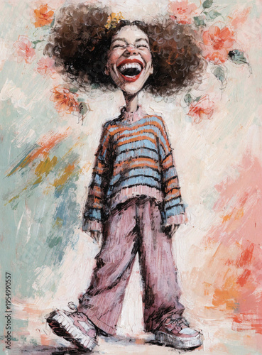 Joyful Portrait of Laughing Girl With Afro in Striped Sweater and Floral Pastel Background