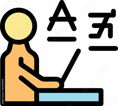 Person using laptop studying foreign languages online, improving vocabulary and grammar skills with e learning platform