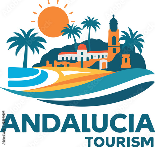 travel flat icon vector illustration of tropical beach island with palm trees and ocean for tourism vacation design