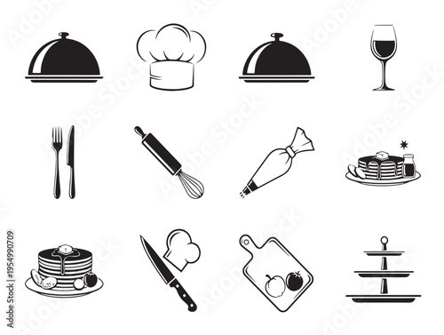 Black and white icons of restaurant and food service items