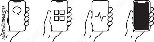 Minimalist Hand Holding Smartphone Icons with Messaging App and Pulse Monitoring