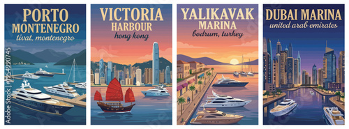 Vintage yacht and marina travel poster set. Including porto montenegro, victoria harbour hong kong, yalikavak marina bodrum, and dubai marina. Retro vector.
