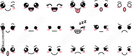 kawaii emoji faces vector set, cute cartoon expressions illustration, funny smiley characters, anime style emotions, happy sad angry icons collection