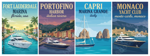 Vintage yacht and marina travel poster set. Including english harbour, st thomas harbor, marina bay sands, and auckland viaduct harbour. Retro vector.