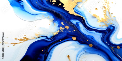 Vector Abstract fluid art evoke tranquility and gold flecks shimmer, blue color merge.