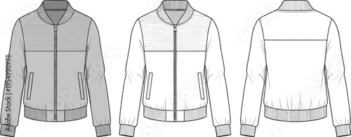 Technical Bomber Jacket Vector Template Collection Featuring Front and Back View with Ribbed Cuffs and Hem for Apparel Fashion Design Flat Sketch