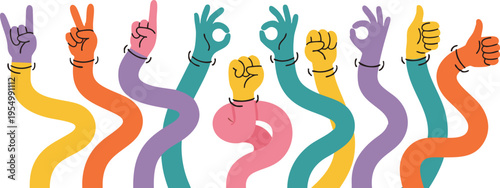 Various colorful long arms and hands making diverse gestures on white background