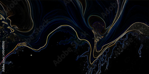 Elegant flowing liquid gold ink and dark abstract background and ethereal motion and artistic creativity and visual texture and aesthetic sensation and harmonious design 