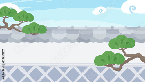 かわいいなまこ壁と瓦屋根の塀の背景イラスト_松_16:9
