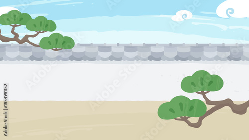 瓦屋根の塀と空の和風な背景イラスト_松と地面_16:9