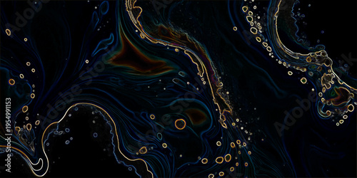 Vector Abstract fluid art with intricate swirls and golden accents, creating dreamy and cosmic effect and evoke sense mystery and energy and dark space