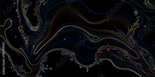 Abstract fractal flame background with a blue and brown liquid motion swirl featuring 3d waves and flowing lines on a black backdrop for a modern art wallpaper design