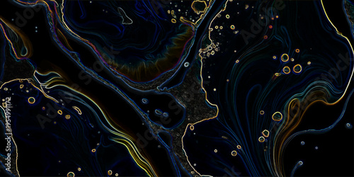 Abstract blue fractal background with stars featuring a wavy gold liquid flow and swirl pattern texture for an artistic wallpaper design