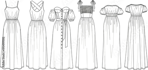 Women's Summer Maxi Dress Vector Collection Featuring Sundress Off-Shoulder and Sleeveless Technical Fashion Illustrations For Apparel Design and Garment Flat Sketch Templates