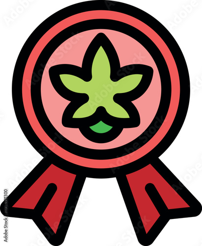 Round quality control certificate with a cannabis leaf inside, symbolizing premium marijuana production and compliance with industry standards