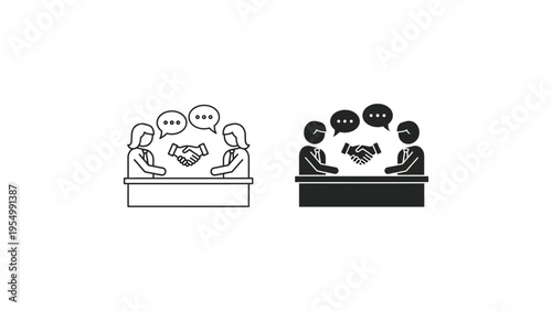 Illustration of gender diverse handshake meetings with conversation bubbles