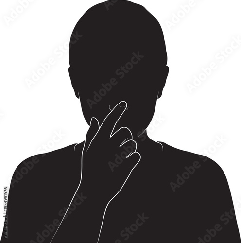 Silhouette Human Finger on Nose Thinking Gesture Isolated on White Background