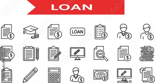 Loan application icons, financial aid graphics, education loan illustration, documentation approval symbols, student finance design, money analysis concepts, modern loan management tools