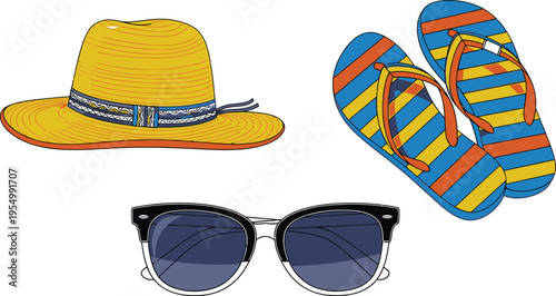 A colorful illustration of summer vacation accessories including a yellow straw hat with blue band sunglasses with white frames and dark lenses and a pair of blue yellow and orange striped flip flops.