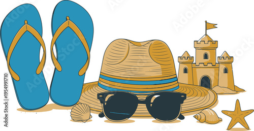 A colorful illustration of summer beach vacation accessories including blue flip flops, a straw hat with blue stripes, black sunglasses, seashells, a starfish, and a sandcastle in the background.